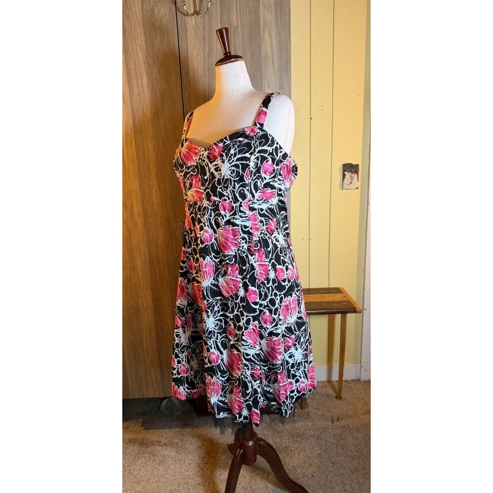 404.Dressbarn Pink Black Floral Fit Flare Dress Tulle Hem Size 22 Cute Feminine - Picture 3 of 5